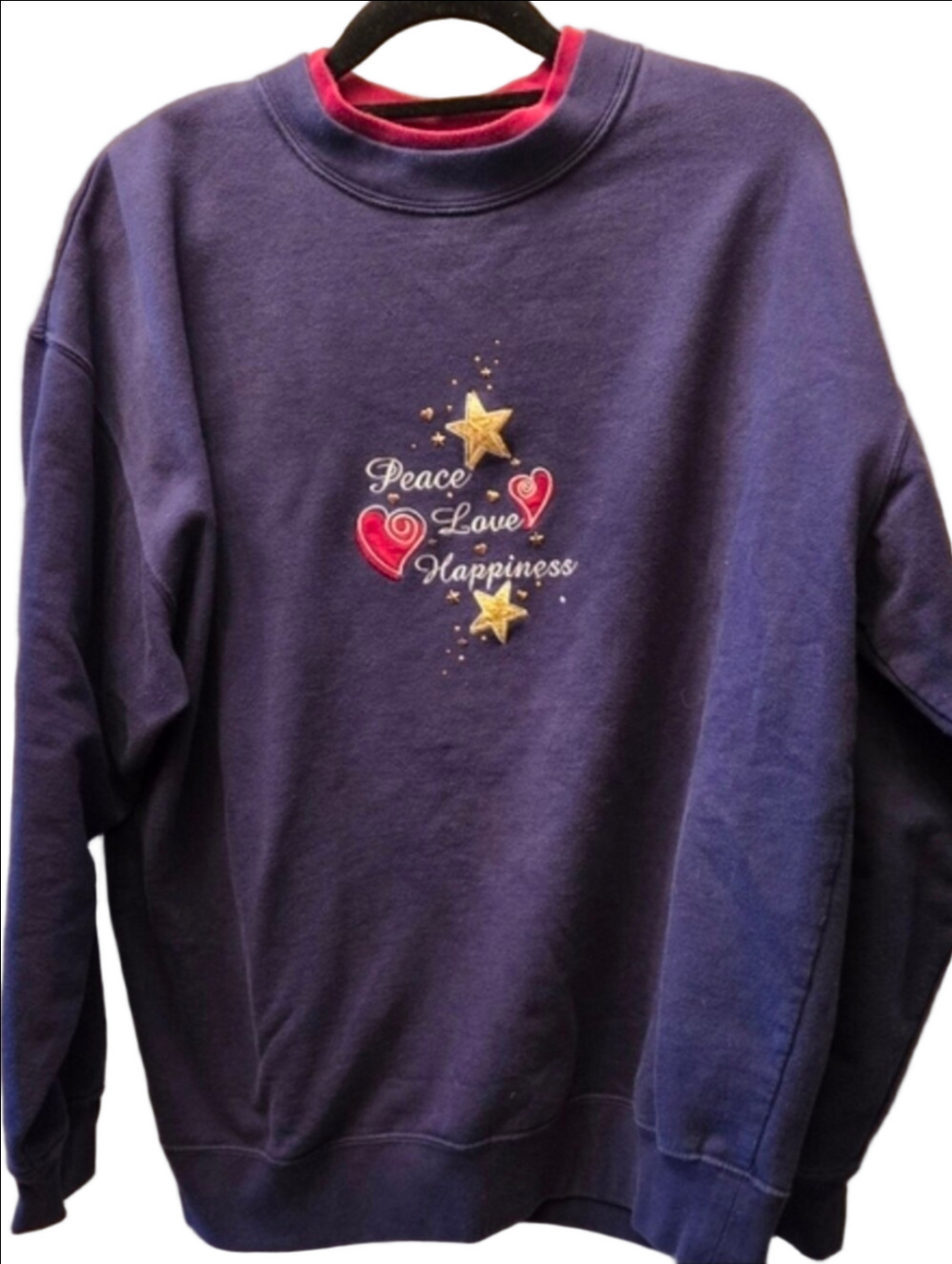 Vintage 90s Embroidered Sweatshirt Peace Love Hearts Stars Purple L